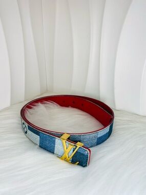 Louis Vuitton Blue Check Denim Belt with Red Leather Interior and Gold LV Buckle